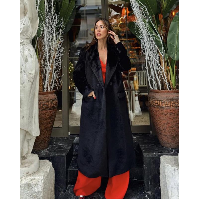 Γυναίκειο γούνινο παλτό μακρύ μαύρο 50% βαμβακερό, 50% πολυεστερ
