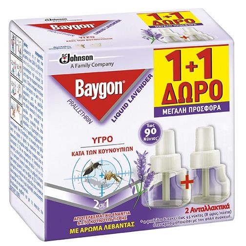 Ανταλλακτικό Εντομοαπωθητικό Υγρό Liquid με άρωμα Λεβάντας 90 Νύχτες 1+1 Δώρο Baygon (4x27ml) τα 2 τεμ -3€