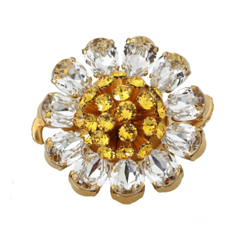 Dolce & Gabbana Gold Brass Yellow Crystal Flower Ring SMYK409 EU55