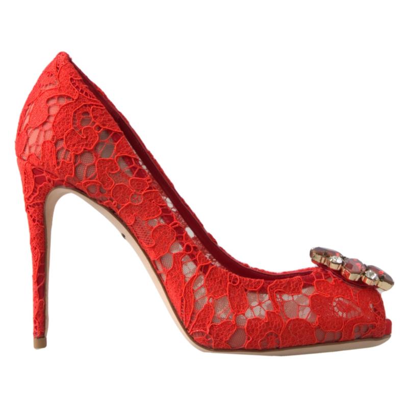 Dolce & Gabbana Red Taormina Lace Crystal Heels Pumps Shoes EU39/US8.5