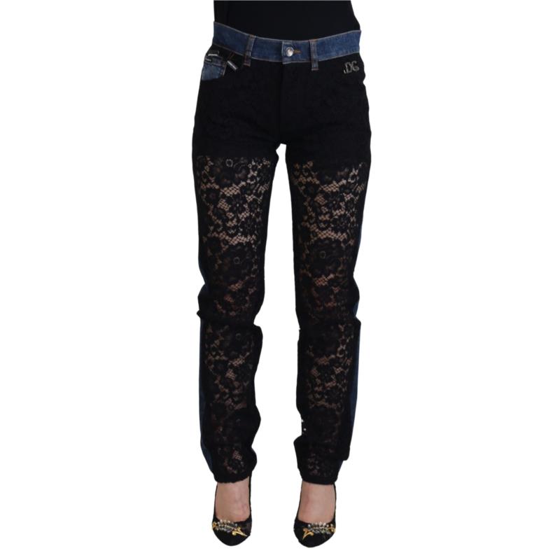 Dolce & Gabbana Black Floral Lace Front Skinny Denim Jeans PAN74208 IT40