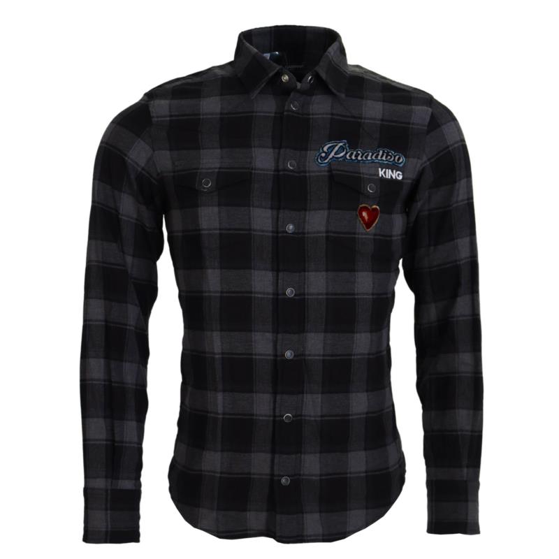 Dolce & Gabbana Black Gray Check Men Long Sleeves Shirt TSH83670 IT39