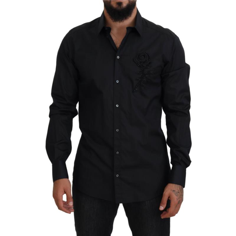 Dolce & Gabbana Black Roses Slim Fit Cotton Shirt TSH83808 IT41