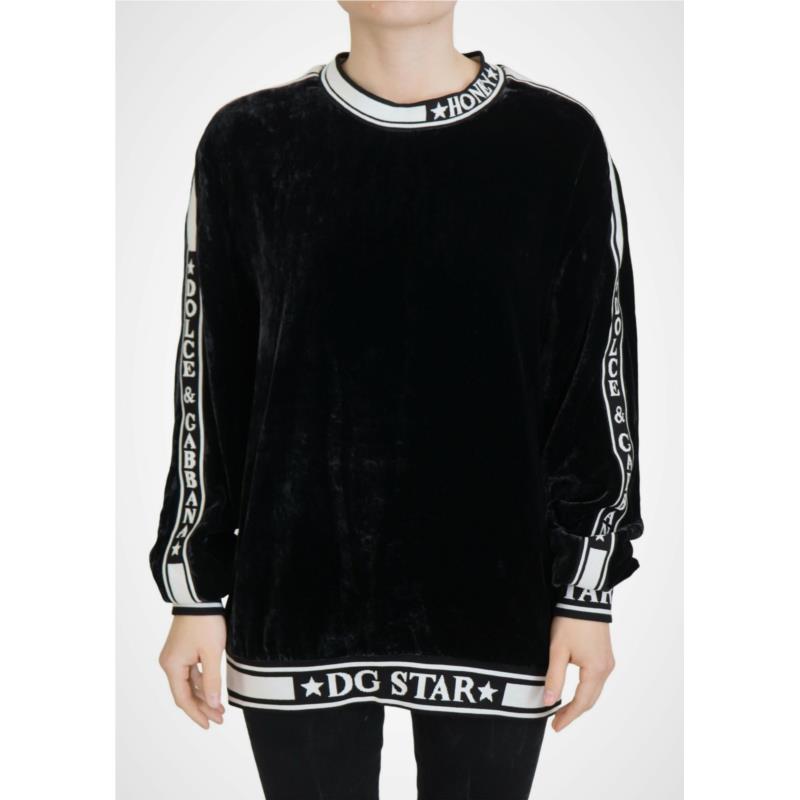 Dolce & Gabbana Black Velvet Crewneck Pullover Sweater IT40