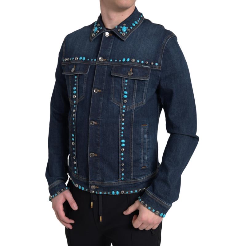 Dolce & Gabbana Blue Denim Turquoise Stones Studded Jacket JKT3667 IT48