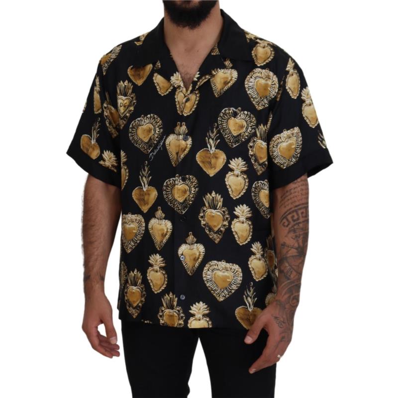 Dolce & Gabbana Black Gold Heart Short Sleeve Silk Satin Shirt TSH83571 IT37