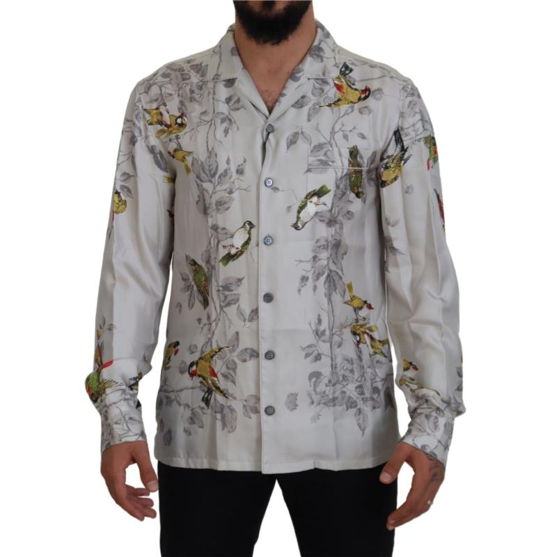 Dolce & Gabbana White Bird Print Silk Satin Casual Shirt TSH83568 IT5