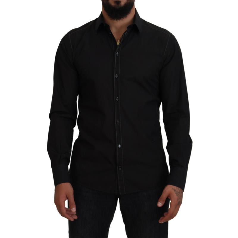 Dolce & Gabbana Black Cotton Collared Long Sleeve GOLD Shirt TSH83816 IT41