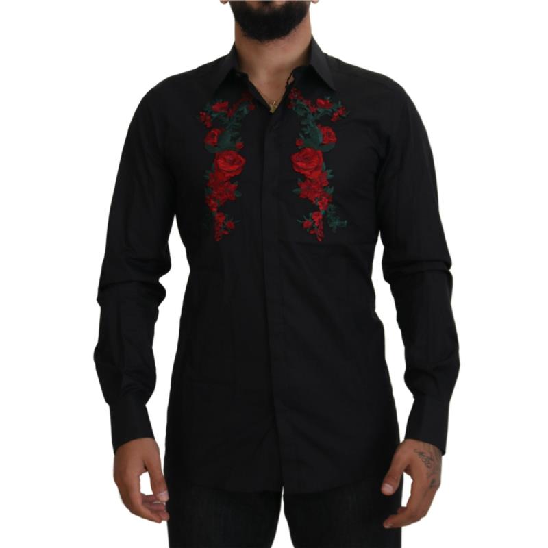Dolce & Gabbana Black Floral Embroidery Men Long Sleeves GOLD Shirt TSH84058 IT38
