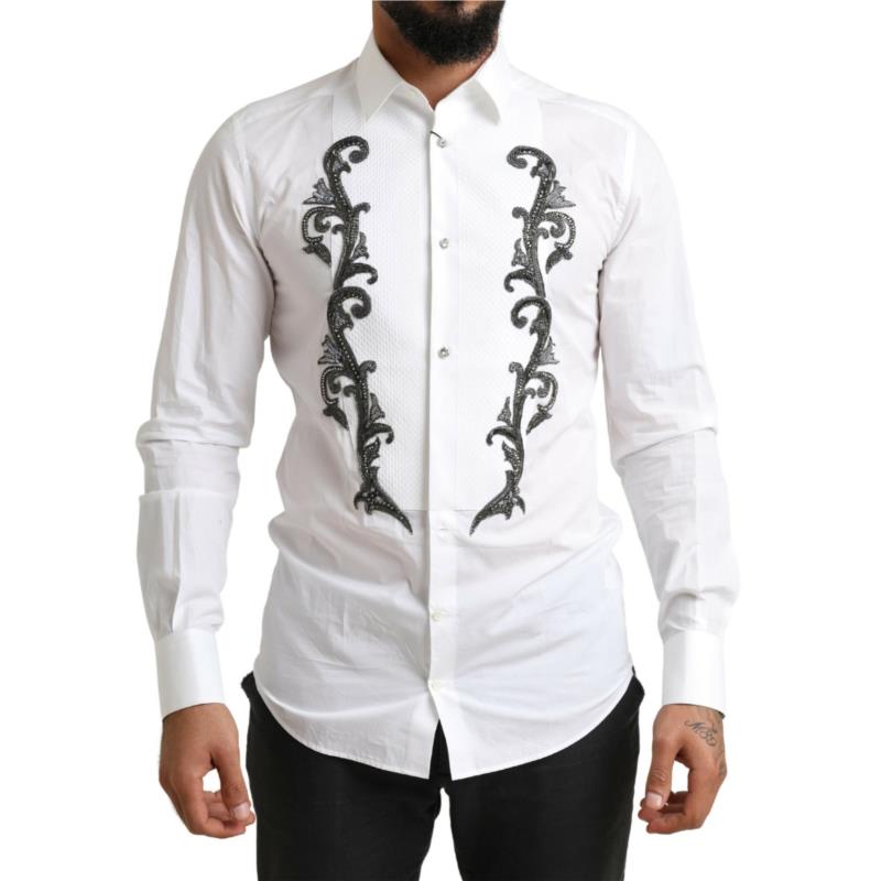Dolce & Gabbana White Tuxedo Slim Fit Baroque Shirt TSH84093 IT38