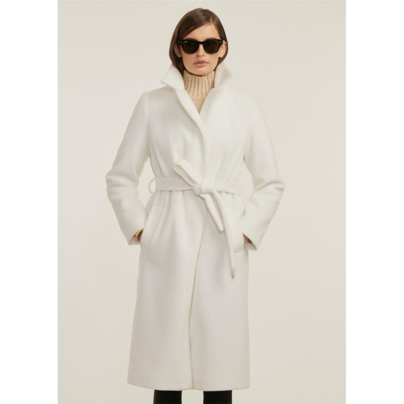Παλτό με ζώνη και μάλλινη υφή - Λευκό