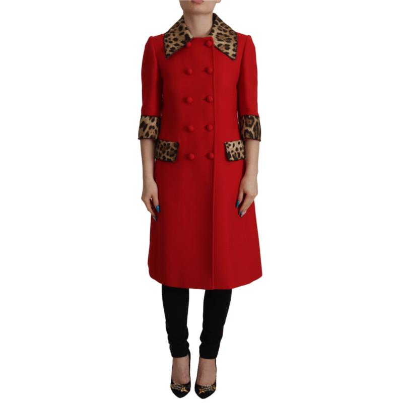 Dolce & Gabbana Red Leopard Wool Trenchcoat Jacket IT40