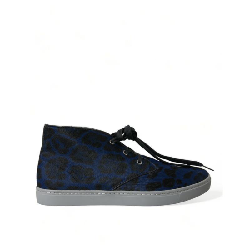Dolce & Gabbana Blue Calfskin Leopard Mid Top Sneakers Shoes EU42.5/US9.5