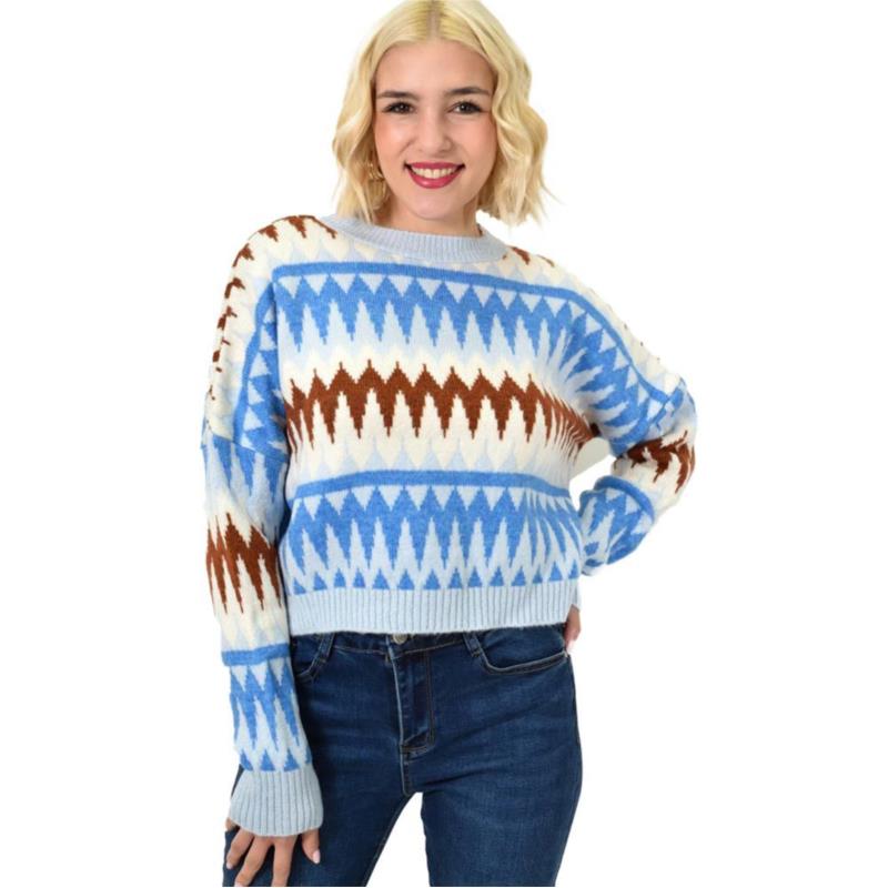 Πλεκτό πουλόβερ με σχέδιο Γαλάζιο 23064