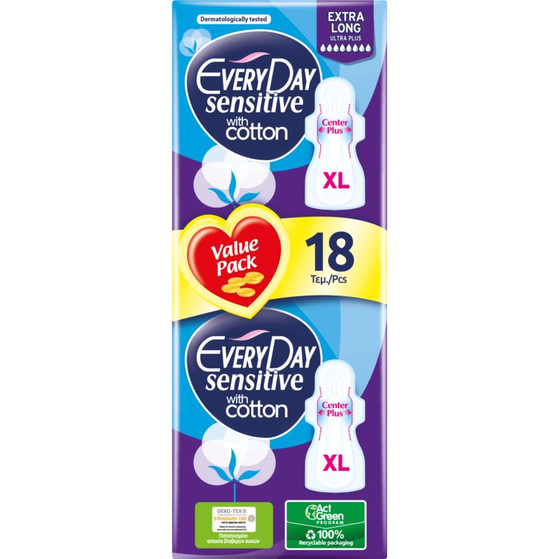 Σερβιέτες Sensitive Cotton Extra Long Ultra Plus Value Pack Everyday (18 τεμ)