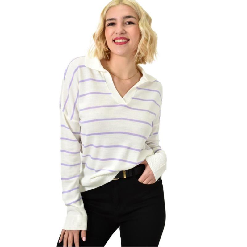 Γυναικεία μπλούζα με γιακά και ρίγες Λιλά 23073