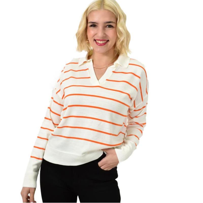Γυναικεία μπλούζα με γιακά και ρίγες Πορτοκαλί 23075