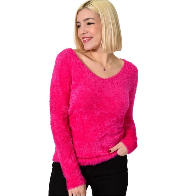 Γυναικείο χνουδωτό πουλόβερ με V λαιμόκοψη Φούξια 22849