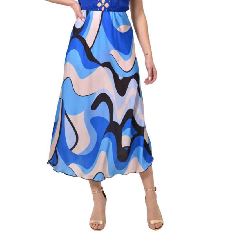 Midi φούστα σατέν με σχέδιο Μπλε Ρουά 23524