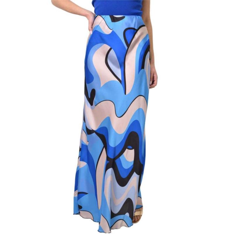 Μaxi φούστα σατέν με σχέδιο Μπλε Ρουά 23516