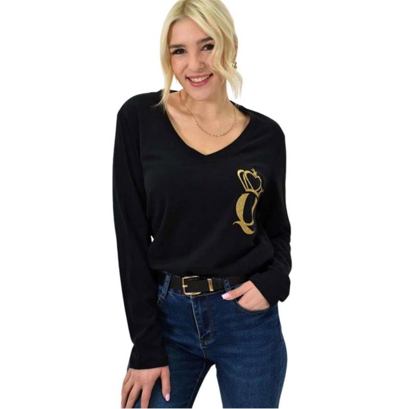 Μονόχρωμη μπλούζα με χρυσό τύπωμα Μαύρο 23285