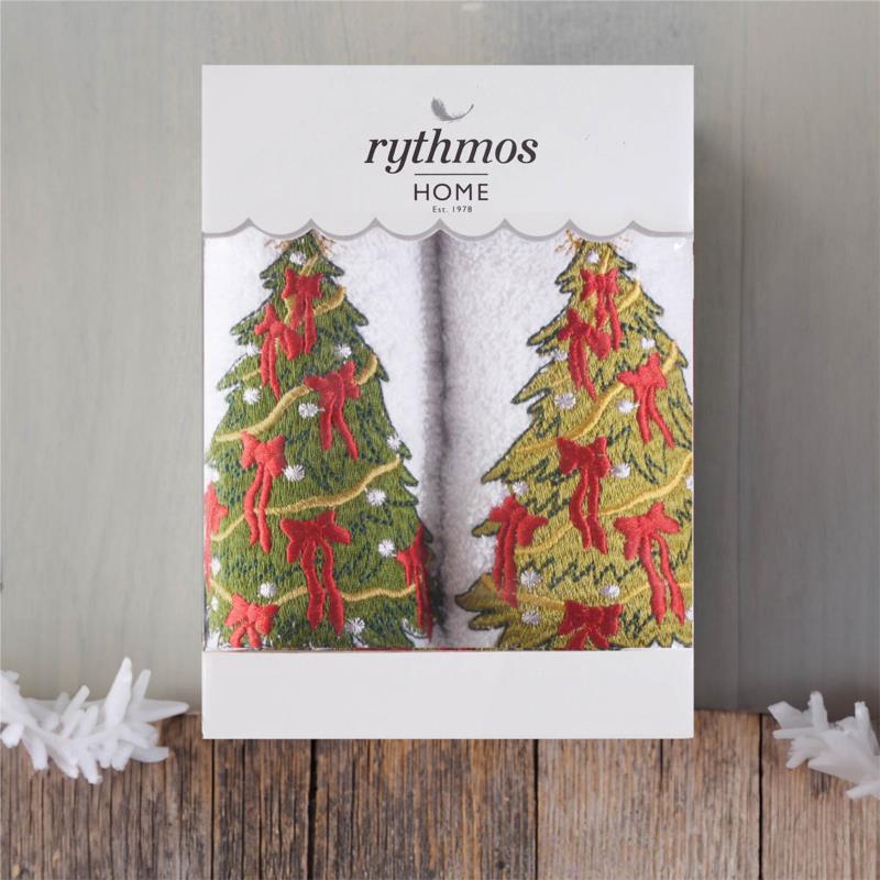 Rythmos Christmas Terry Gift Set (2 Ελατο) Χεριων 2Χ(30Χ50) Λευκο-Λευκο