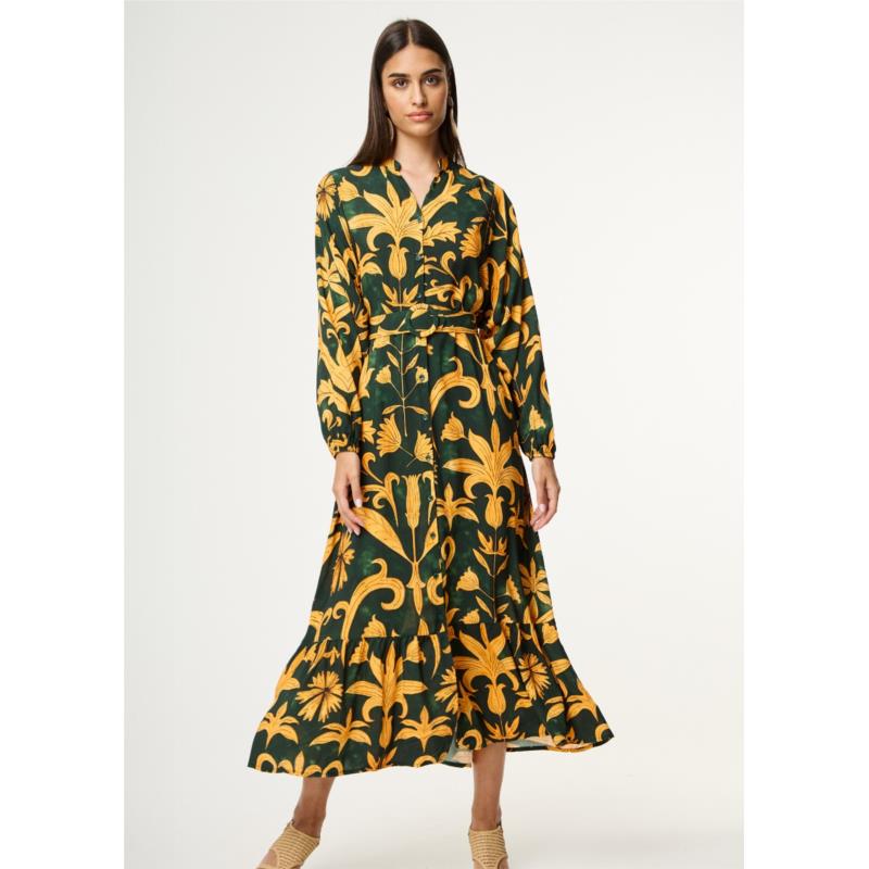 Φόρεμα μακρύ με floral μοτίβο και ζώνη - Πράσινο
