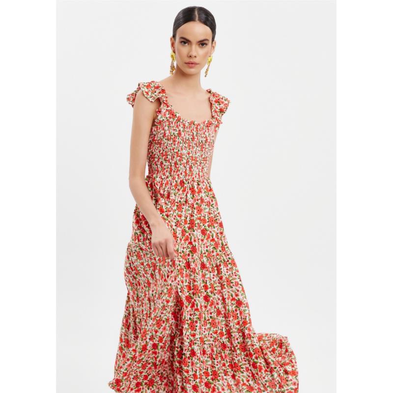 Φόρεμα midi με floral μοτίβο και σφηκοφωλιά - Κοραλί