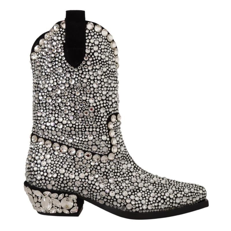 Dolce & Gabbana Black Suede Strass Crystal Cowgirl Boots EU40/US9.5