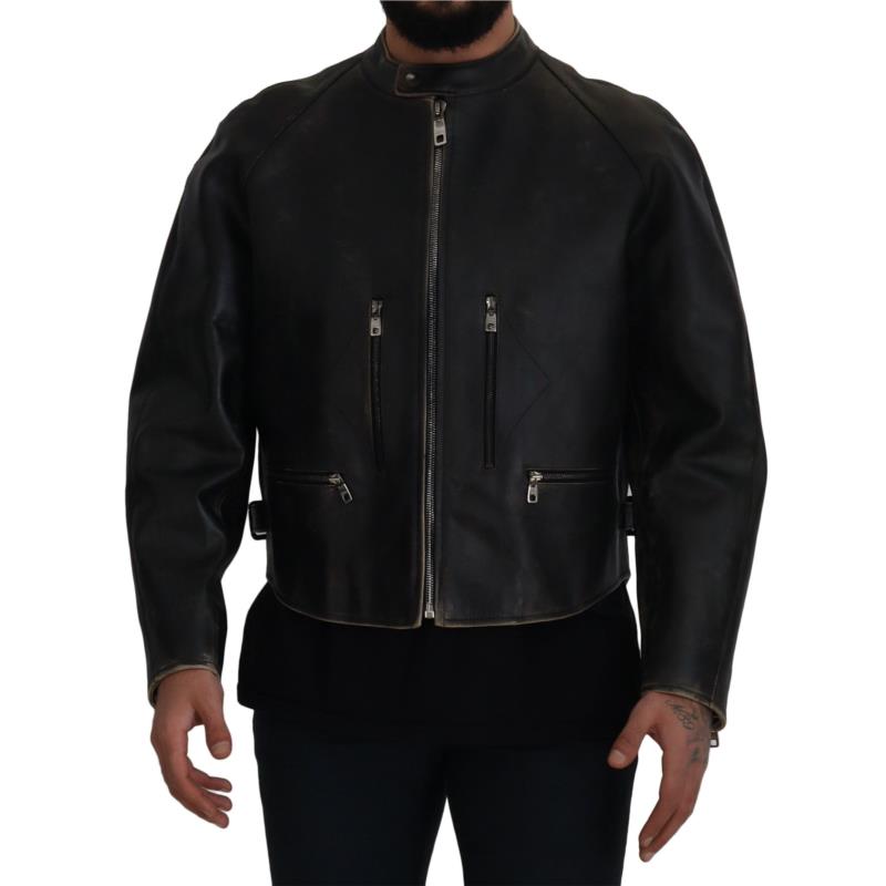 Dolce & Gabbana Elegant Black Leather Jacket with Silver Details IT54