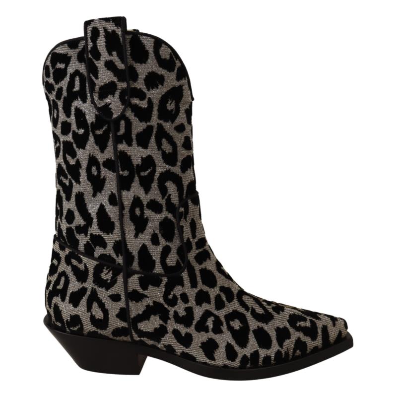 Dolce & Gabbana Gray Black Leopard Cowboy Boots Shoes EU38/US7.5