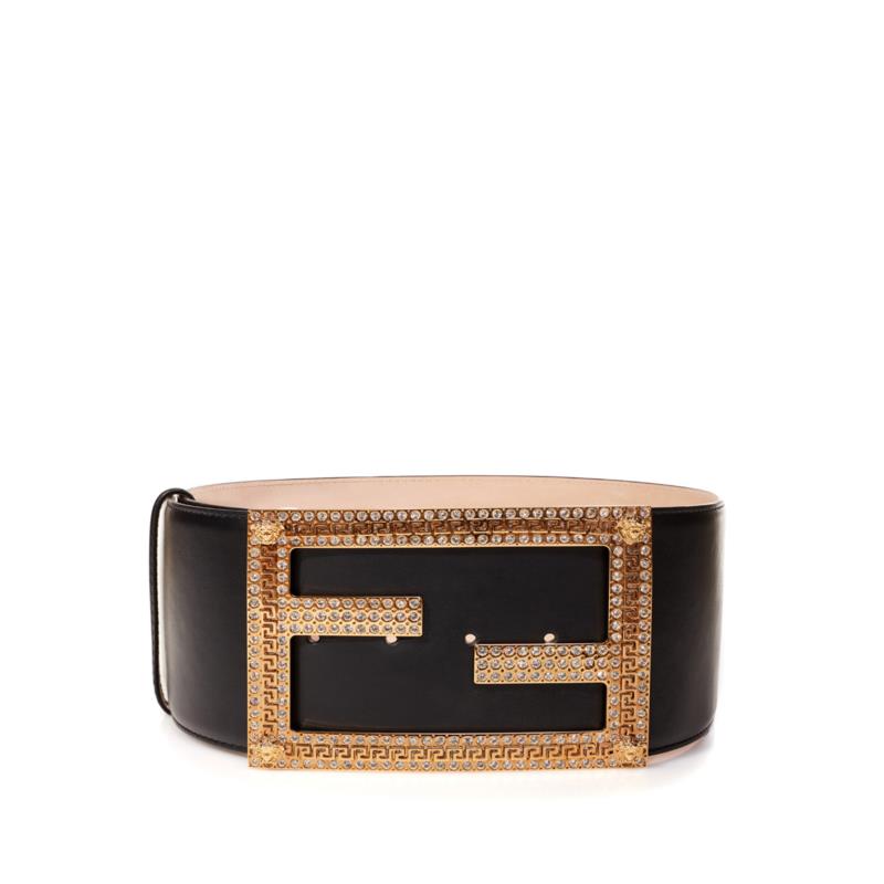 Fendace High Leather Black Logo Belt with Crystals 75 cm / 30 Inches