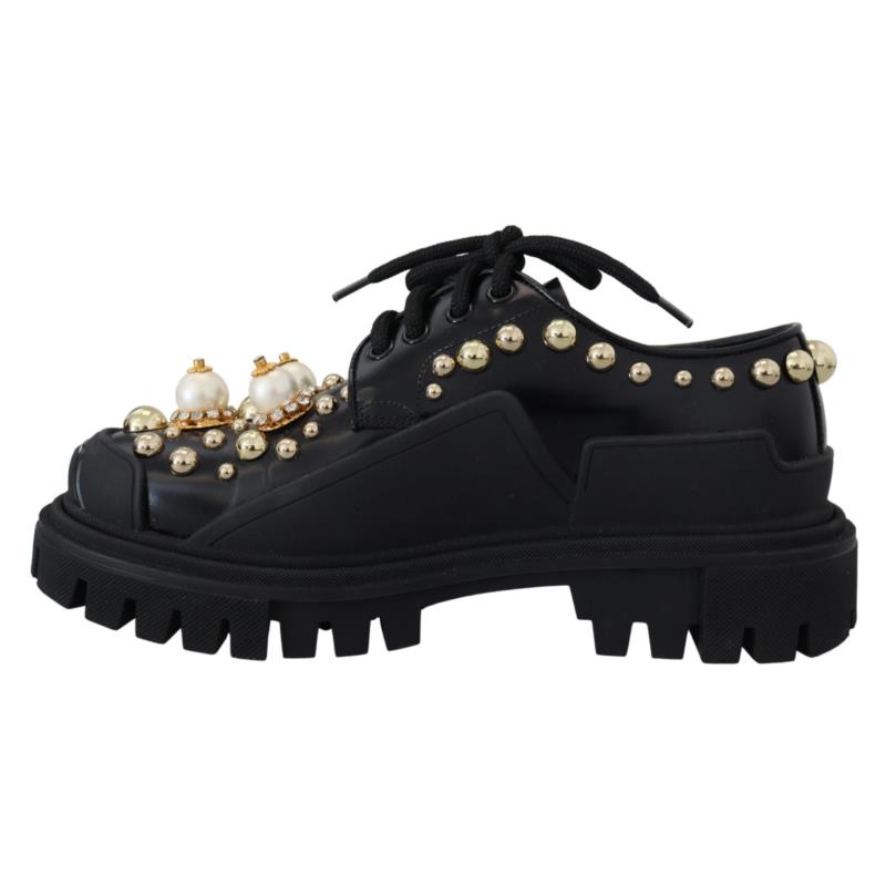 Dolce & Gabbana Black Leather Trekking Derby Embellished Shoes EU36/US5.5