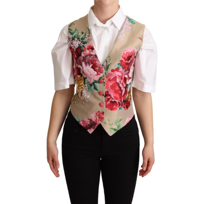 Dolce & Gabbana Beige Jacquard Floral Print Waistcoat Vest IT40