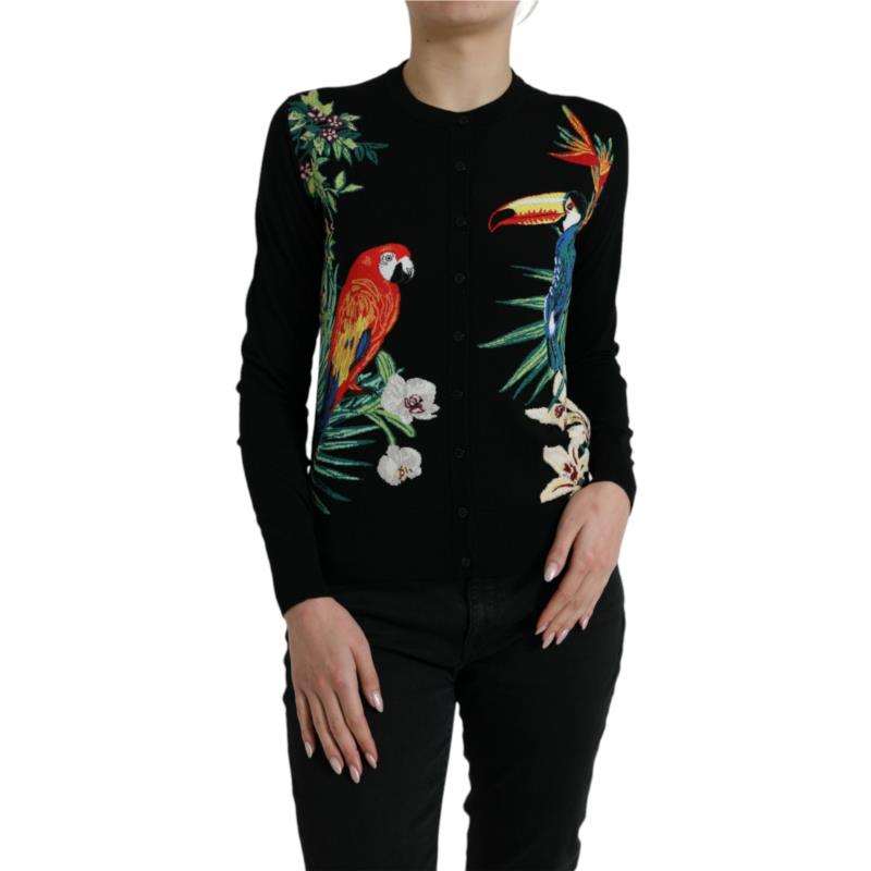Dolce & Gabbana Black Bird Wool Long Sleeve Cardigan Sweater IT36