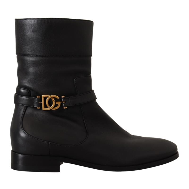 Dolce & Gabbana Black Leather Flats Logo Short Boots Shoes EU36/US5.5