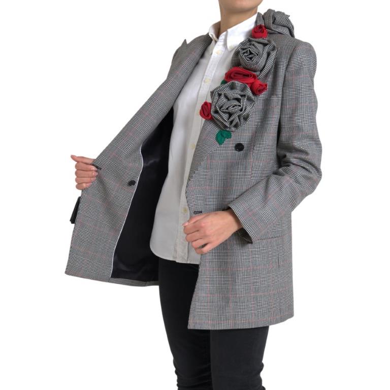 Dolce & Gabbana Gray Plaid Rose Applique Coat Blazer Jacket IT42