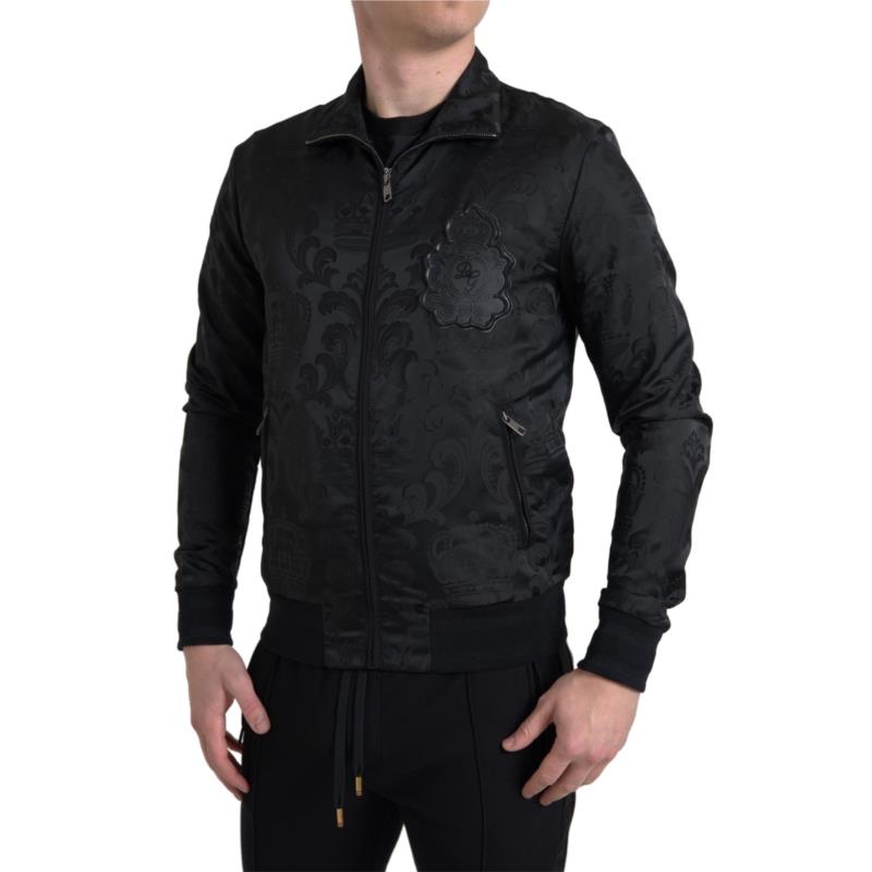 Dolce & Gabbana Black Full Zip Sweater Brocade Logo Casual Mens Jacket IT44