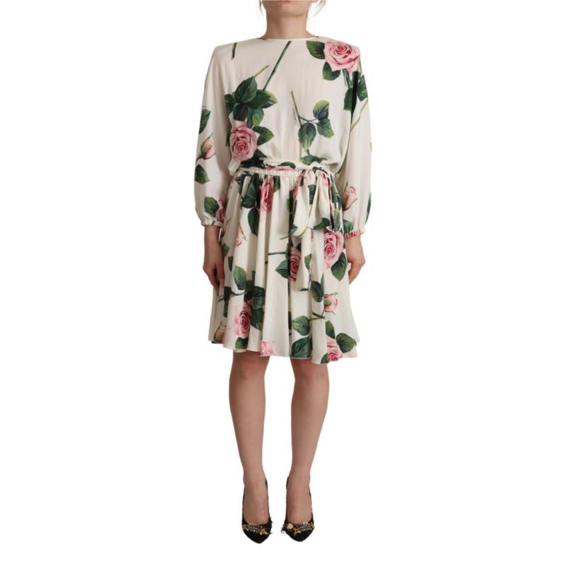 Dolce & Gabbana White Rose Print Long Sleeves A-line Dress IT38
