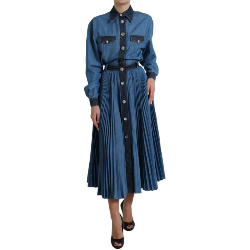 Dolce & Gabbana Blue Collared Denim Pleated A-line Midi Dress IT40