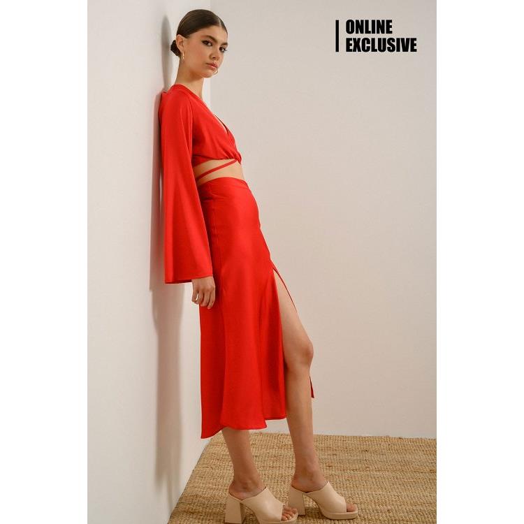 Midi φούστα με σατινέ όψη και άνοιγμα (RED)