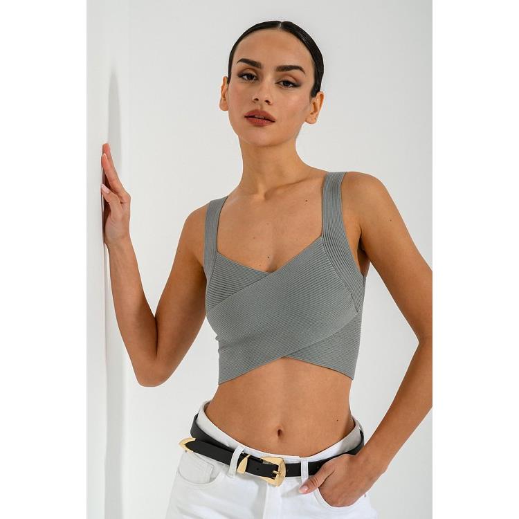 Πλεκτό κροπ τοπ με χιαστί λεπτομέρεια (LIGHT KHAKI)