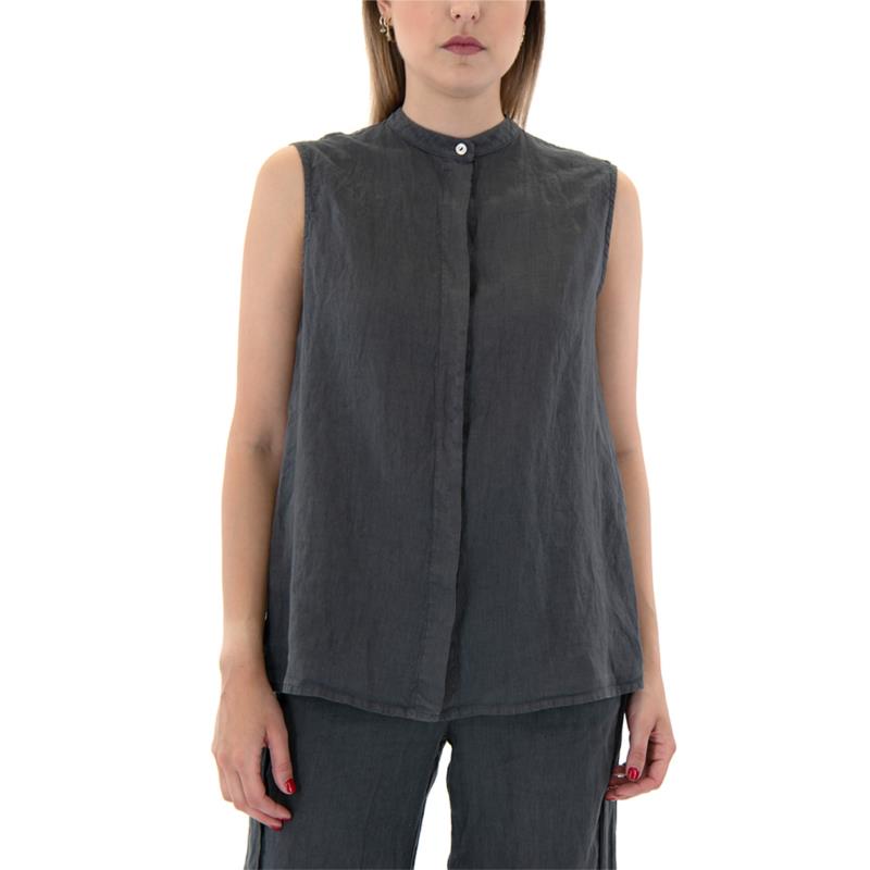 LINEN SLEEVELESS MAO COLLAR SHIRT WOMEN BLACK & BLACK