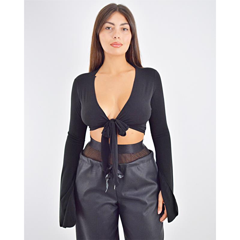 Γυναικεία Μπλούζα Crop Top Μαύρη με Δέσιμο Εμπρός