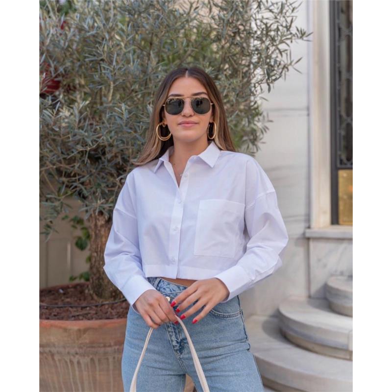 Nina γυναίκειο crop πουκάμισο ΛΕΥΚΟ 100% βαμβακέρο