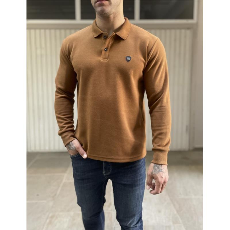 Everbest Ανδρική κάμελ Polo μακρυμάνικη μπλούζα Plus size 251032K