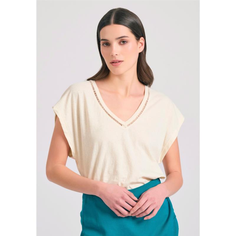 Γυναικείο linen blend μονόχρωμο t-shirt
