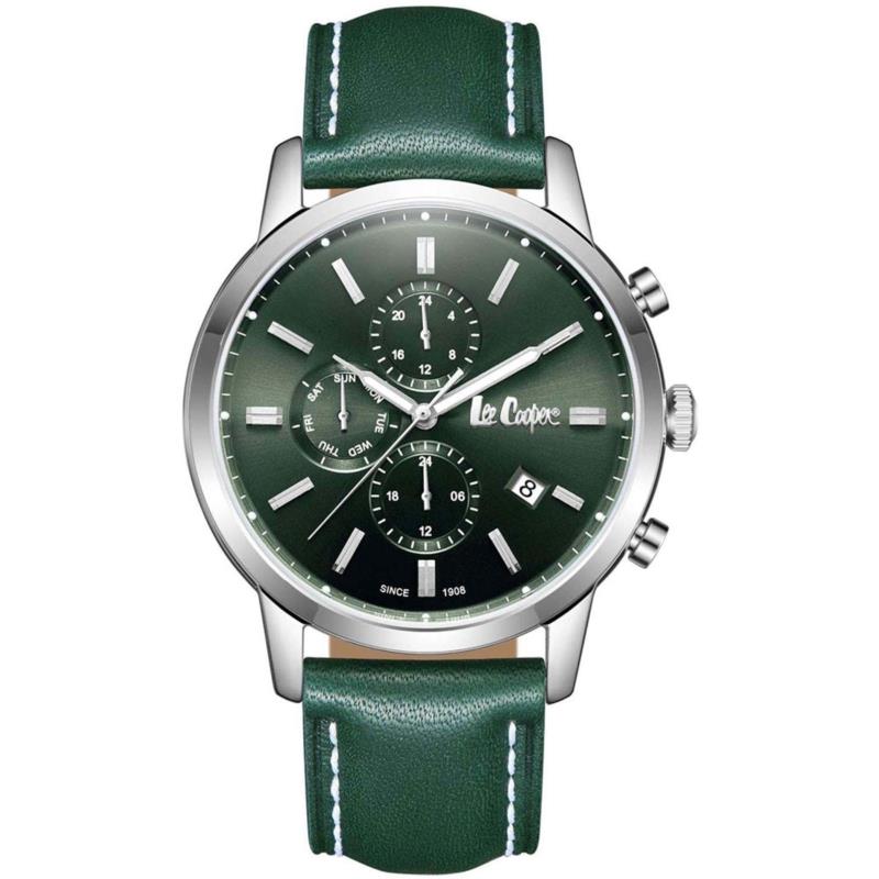 LEE COOPER Dual Time Men's - LC08085.377, Silver case with Green Leather Strap