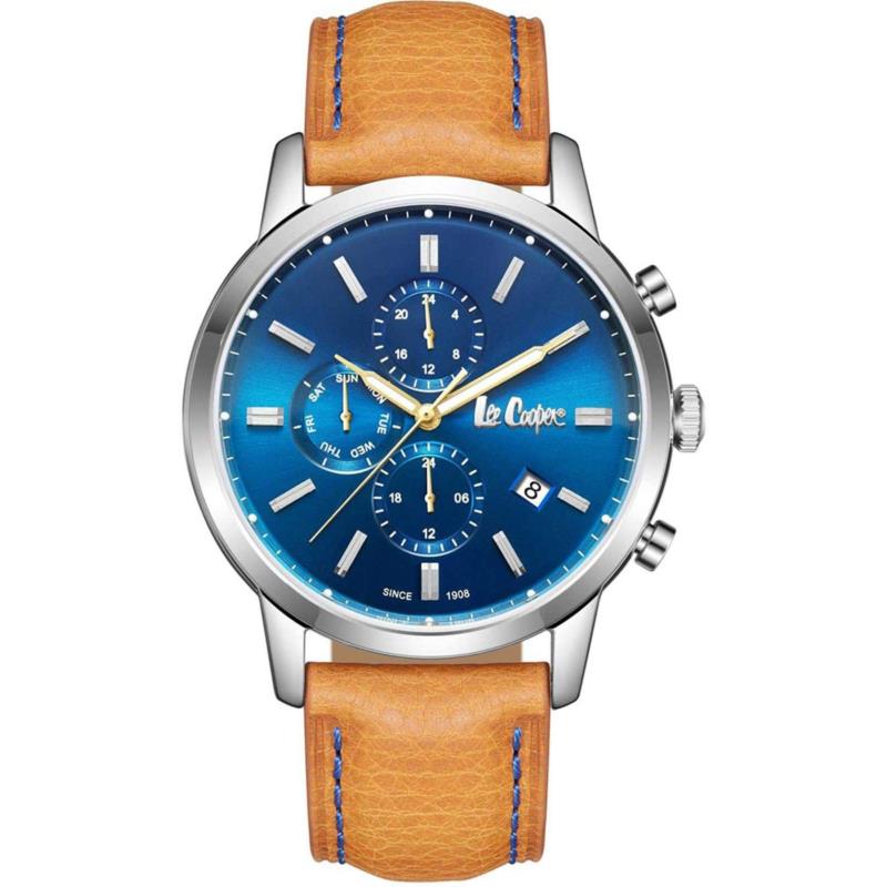 LEE COOPER Dual Time Men's - LC08085.394, Silver case with Brown Leather Strap