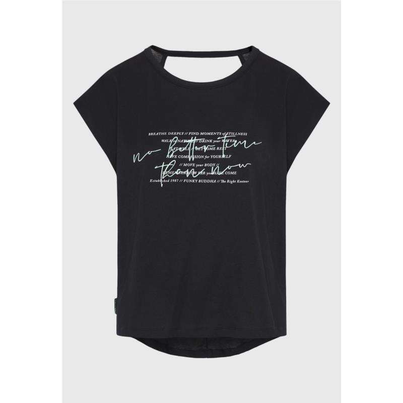 Γυναικείο t-shirt με τύπωμα text artwork και ανοιχτή πλάτη